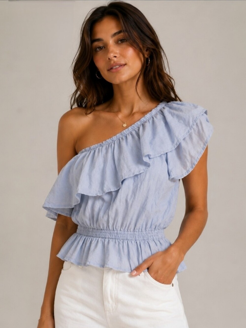 Japna Light Blue One Shoulder Ruffle Top Women's Medium NWT